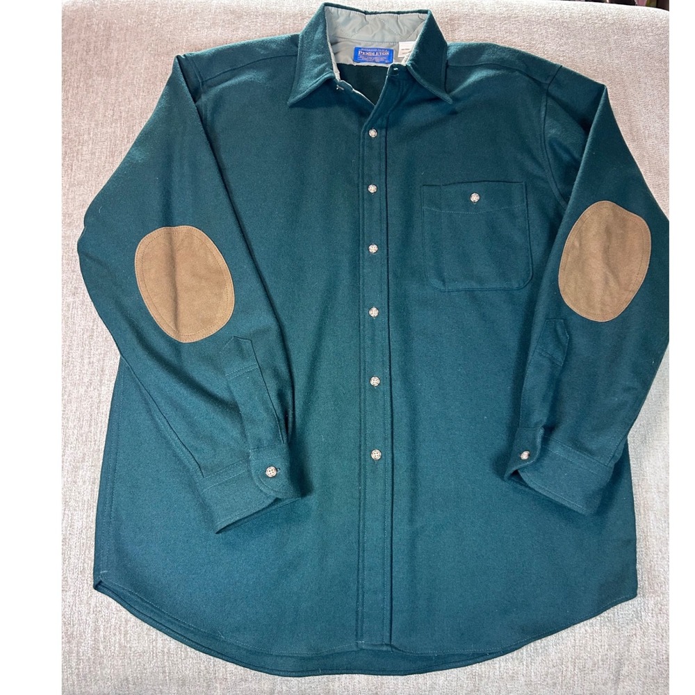 Pendleton Mens Forest Green 100% Virgin Wool Shirt Elbow Patches Large USA Made